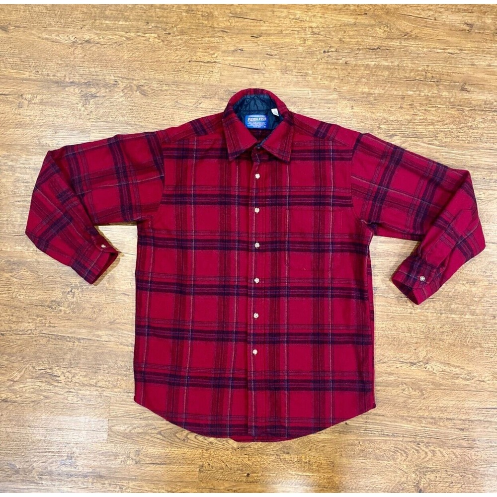 Pendleton Plaid Black Red Pure Virgin Wool Button Up Flannel USA Shirt Men's M